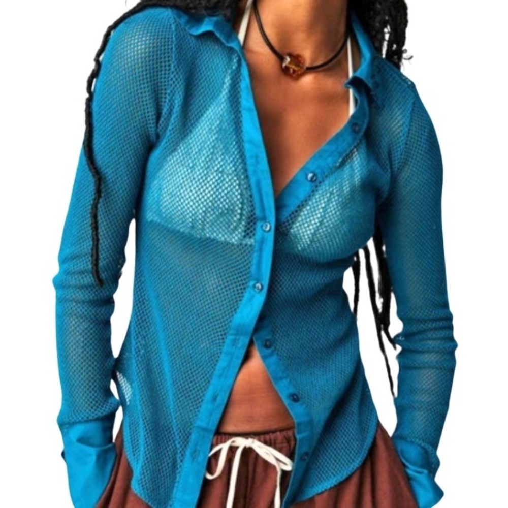 Free People Teal Blue Mesh Button Down Long Sleeve Sheer Cotton Top Size S/P